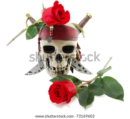 skull and red rose isolated on white background