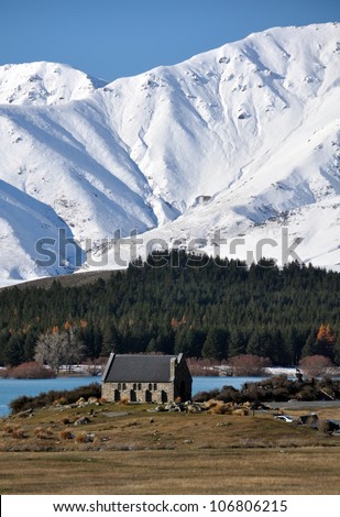 The historic Church of The Good Shepherd in Tekapo, New Zealand. Popular winter tourist and ski area in Central Otago.