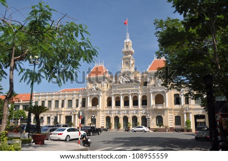 The historic Peoples\' Committee Building in Ho Chi Ming Square on the 100 years anniversary of Ho Chi Minh\'s departure for Europe. Ho Chi MInh City (Saigon) Vietnam.