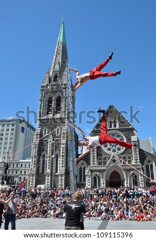 CHRISTCHURCH, NEW ZEALAND - JANUARY 24: U.S. entertainers David Graham and Tobin Renwick (The Flash) performing at the 18th World Buskers Festival on  January 24, 2011 in Christchurch.