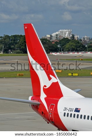 SYDNEY, AUSTRALIA - FEBRUARY 13, 2012: Qantas Plane Tail & Logo at Sydney International Airport.
