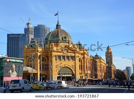 Melbourne, Australia - May 14, 2014: Historic Flinders Street Rail Station building on the banks of the Yarra River in Autumn.