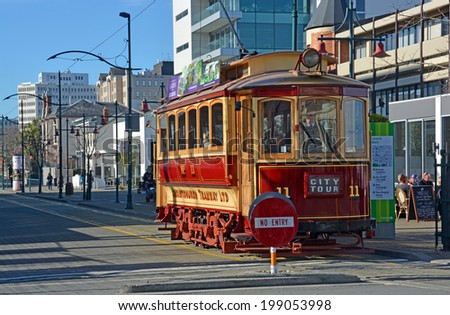 Christchurch, New Zealand - June 15, 2014: Vintage Tram operating sightseeing tours on Worcester Boulevard in Winter.