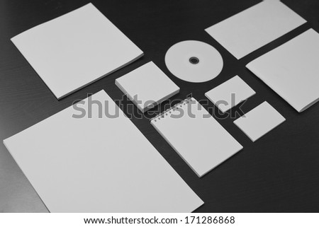 Blank Stationery Set On Black Wood Background / A4 Paper, Business Cards, Letterheads, Disk, Envelope, Booklet, Notepad