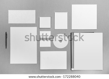 Photo. Blank stationery set on on the texture background / business cards, letterheads, disk, envelope, booklet, notepad, magazine, brochure