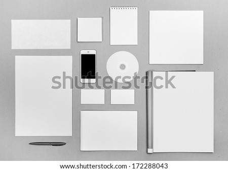 Photo. Blank Stationery Set On On The Texture Background / Business Cards, Letterheads, Disk, Envelope, Booklet, Notepad, Magazine, Phone, Brochure