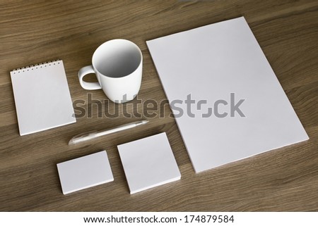 Blank Stationery Set On Wood Background / A4 Paper, Business Cards, Letterheads, Booklet, Notepad And Cup