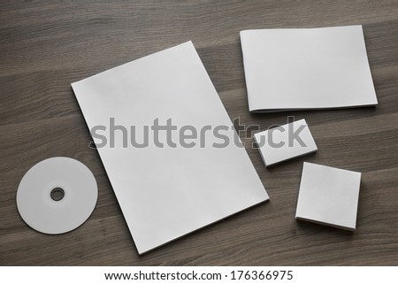 Blank Stationery Set On Wood Background / A4 Paper, Business Cards, Booklet, Notepad And Etc