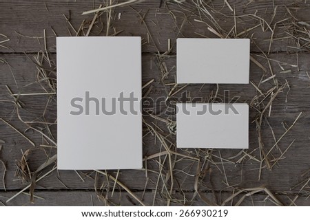Blank business cards (two stacks) and booklet on a wooden texture with hay