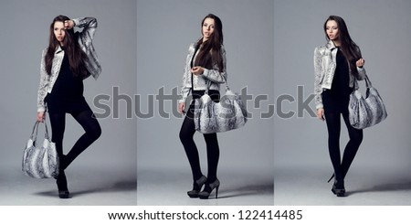 beautiful young model posing in leather jacket with leather bag against gray background
