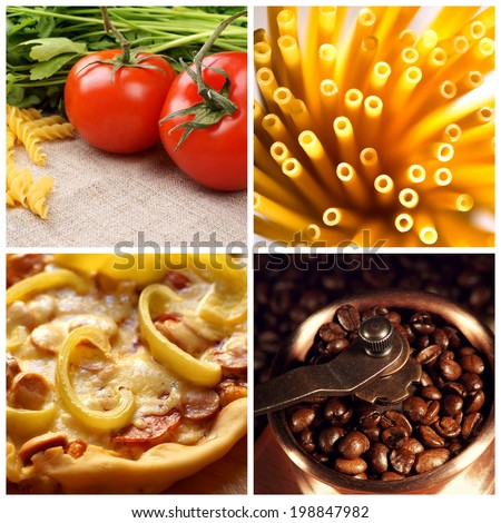 Collage of italian food. Pizza, raw spaghetti, pasta, tomatoes, green parsley and coffee beans in hand grinder