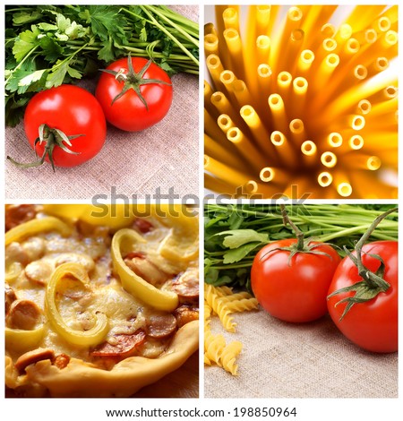 Collage of italian food. Pizza, raw spaghetti, pasta, tomatoes and green parsley