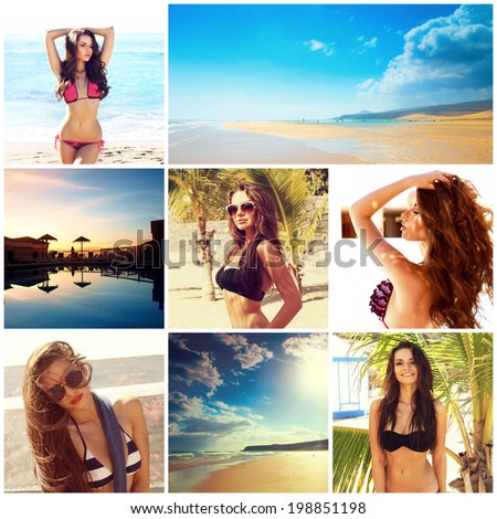 collection of summer pictures. collage of beautiful girl portraits and amazing landscapes. Summer set.