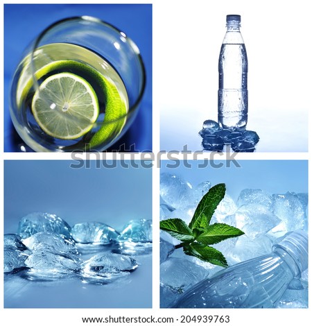 Refreshment collage. Collection of cold water and ice. Bottle of fresh water, glass of water with lime. Fresh drink.
