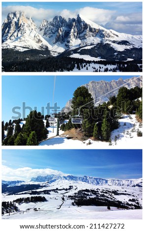 Collage of winter mountain landscapes. Snow-capped mountains, woods, rocks and blue sky. Set of scenic views