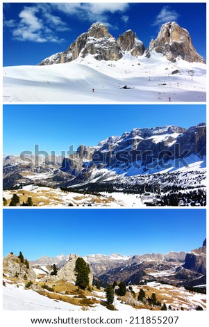Sunny days in snowy winter mountains. Snow-capped mountains, woods, rocks and blue sky. Set of scenic views