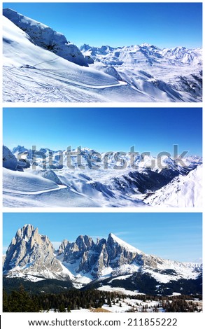 Collage of winter mountain resort landscapes. Snow-capped mountains, woods, rocks and blue sky. Set of scenic views