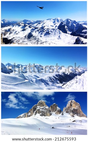 Winter vacation collage. Snow-capped mountains, woods, rocks and blue sky. Set of scenic views