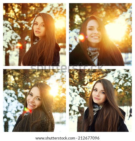 Outdoor winter portraits collection. Beautiful smiling  girl posing in winter snowy forest