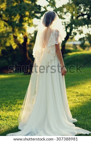 Wedding. Young beautiful bride in white dress and veil standing at green lawn between trees at sunset. Summer full length atmospheric portrait portrait. Backside view