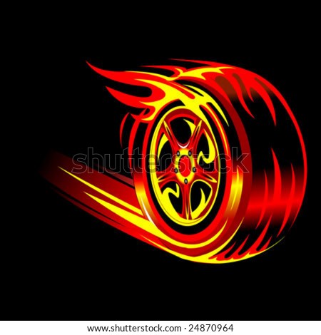 Black  White Clip  Auto Racing on Flaming Vector Wheel In Black Background  Speed And Racing Concept