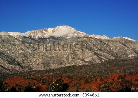 stock photo Pikes Peak mountain range from Garden of the Gods in Colorado