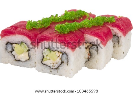 Maki Sushi - Roll made of Crab, avocado, cucumber inside. Fresh Tuna and tobico roe outside