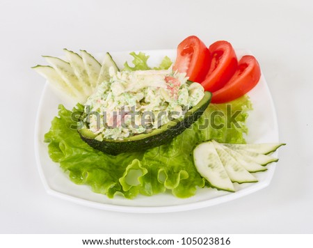 Crab meat salad with green caviar in avocado - japan cusine - stock ...