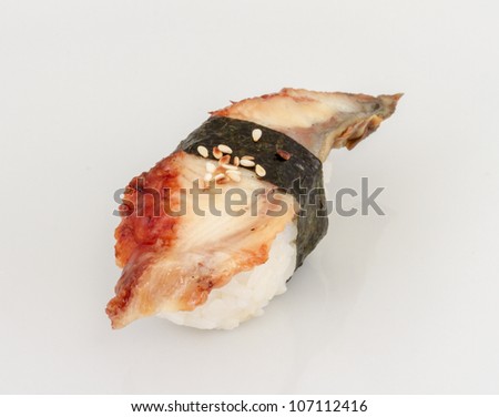 Eel sushi. Isolated over white.