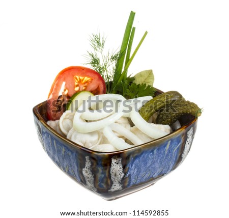 Bowl with traditional russian dish - pelmeni (dumplings)