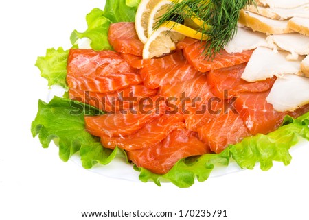 Sliced trout and sturgeon on the dish