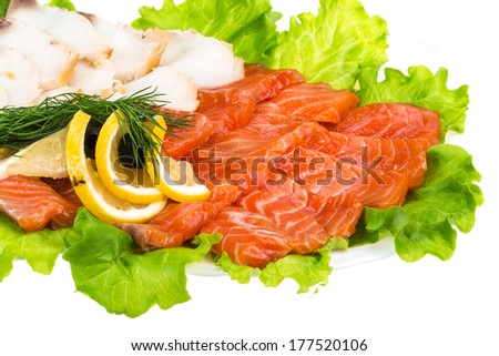 Sliced trout and sturgeon on the dish