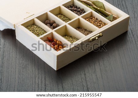 Dry spyces mix in wood box