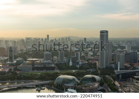 View of Singapore city skyline at sunset