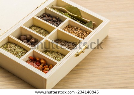Dry spyces mix in wood box
