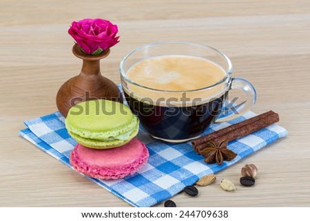 Macaroon delicious with espresso coffee served rose