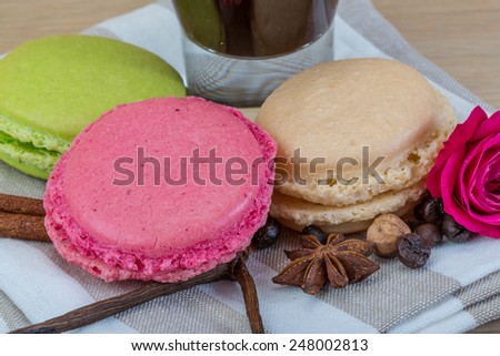 Macaroons delicious with espresso coffee served rose