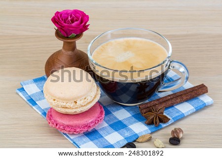 Macaroon delicious with espresso coffee served rose