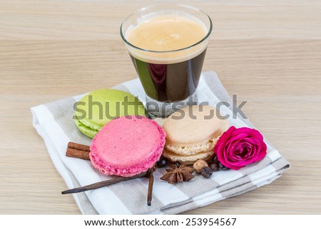 Macaroons delicious with espresso coffee served rose