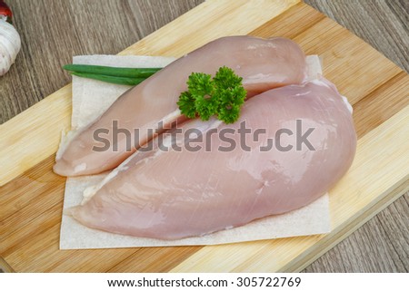Raw chicken breast with parsley leaves on the wood background