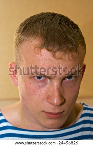 young russian strong army man face