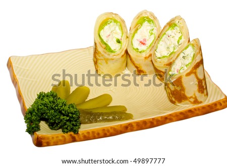 Maki Sushi - Roll made of Smoked Chicken Breast, Cheese, Cucumber and Tomato inside. Pancake ouside.