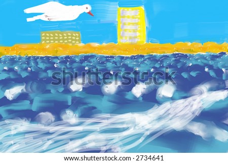 Holiday hand drawn card: beach, clear sky, sea, seagull and boat.