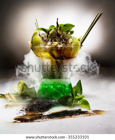 very impressive cocktail with dry ice,lime,mint,molasses and beautiful colors