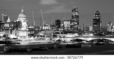 City of London at night, in black and white