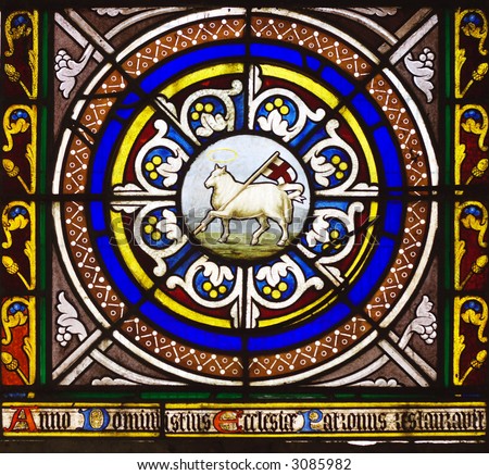 Window picturing the Lamb of God carrying the English flag in Chetwode Parish Church (former Abbey) in Buckinghamshire, England