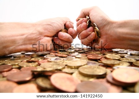 grabbing all the money, hands grabbing coins isolated/white background