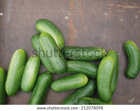 Colorful produce on display at a farmers market: Cucumbers