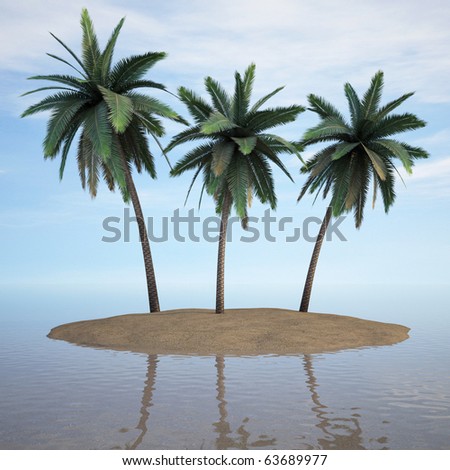 three palms on a desert island. 3d image.