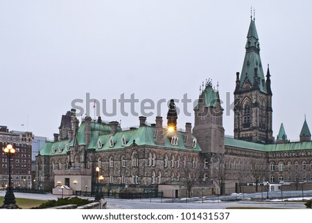 The canadian Parliament West Block building during winter.